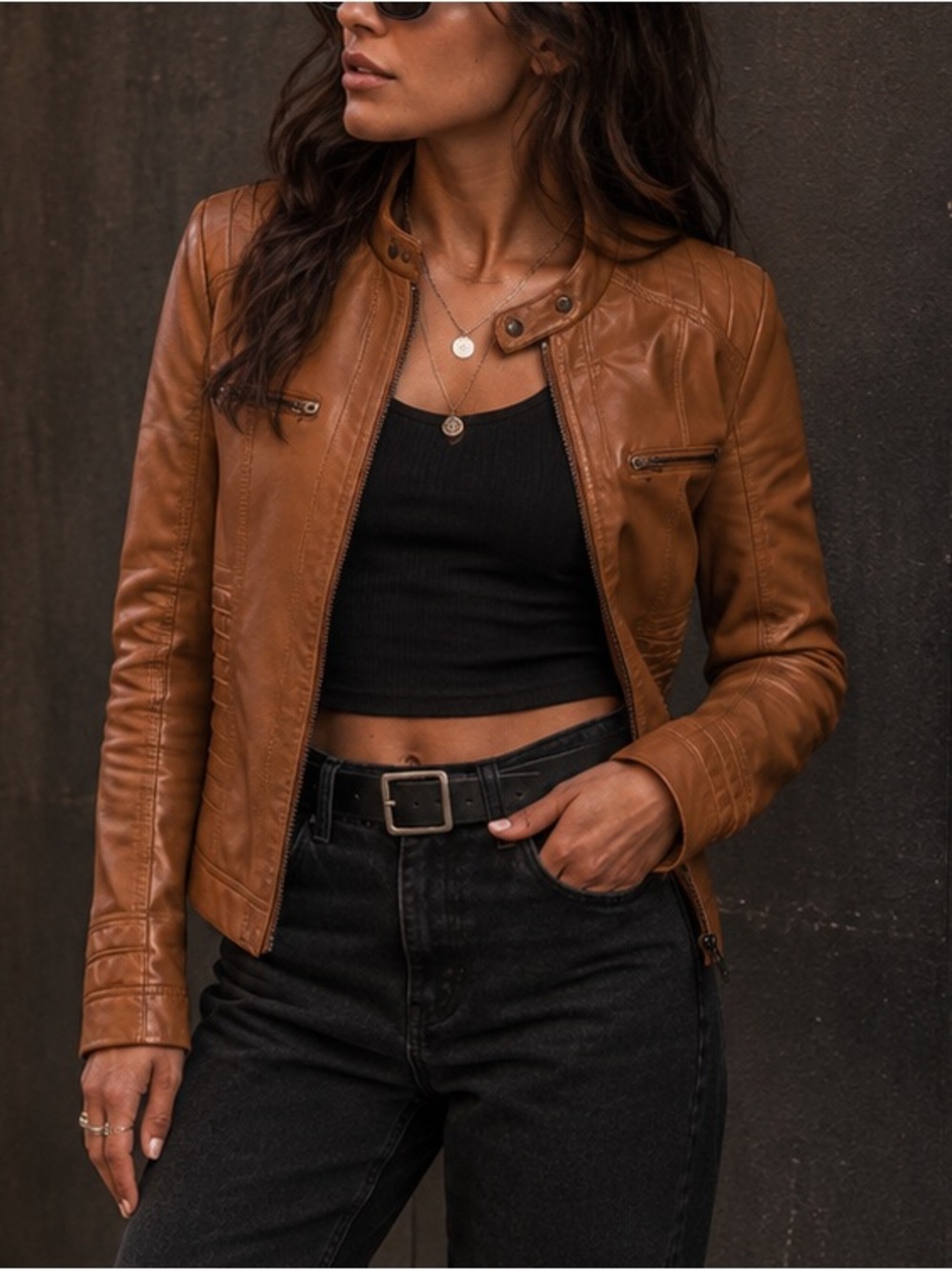 Women’s Faux Leather Moto Biker Jacket Tan Cognac brown Quilted Zip Front medium